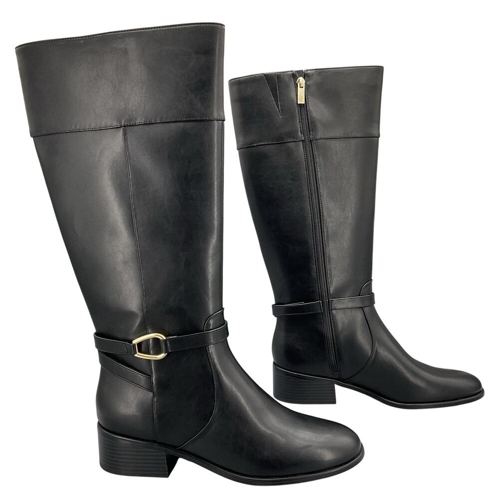 Women's Black Leather Knee-High Boots with Gold Buckle
